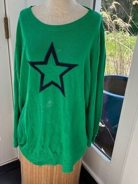 belle Kim Gravel Kelly green blue star print knit sweater PLUS 3X